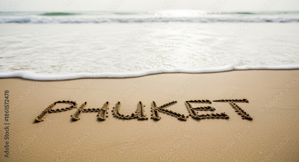 Fototapeta premium Phuket Sand Writing on Beach with Approaching Wave, Thailand Tropical Paradise Destination Vacation