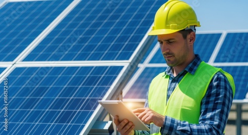 Solar Panel Technician Inspecting Array with Digital Tablet for Energy Efficiency and Sustainability © The Little Hut