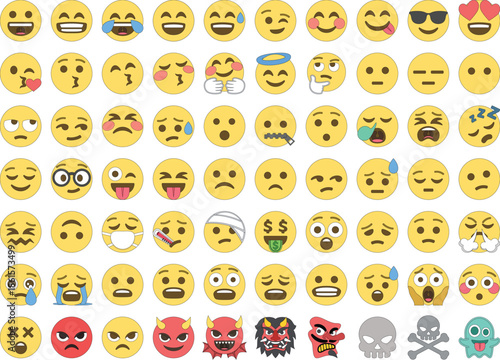 Complete Emoji Flat Characters Vector Icon Set Collection – Sad, Crying, Funny, Love, Weird & Sick Facial Expression Icons