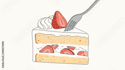 Slice of Strawberry Shortcake Being Enjoyed with Fork Flat Vector Illustration