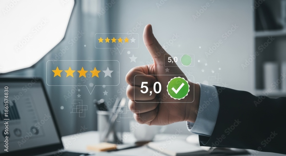 Fototapeta premium Excellent Customer Feedback: Hand Gesturing Thumbs Up for a 5-Star Rating on a Laptop Display