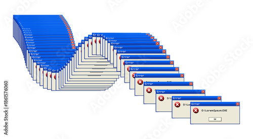 Windows XP popup error, bug, and alert dialog vector design with classic retro UI, vintage system warning boxes, isolated on transparent background for nostalgic UI projects.
