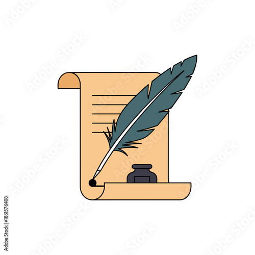Feather quill and scroll icon for Abraham Lincoln’s Birthday or historical writing themes