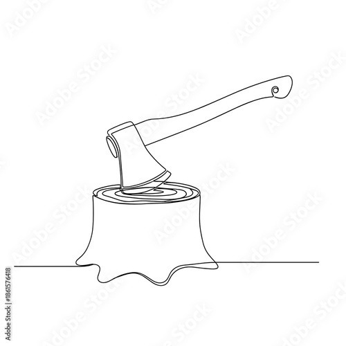 Axe on tree stump icon in line art style for Abraham Lincoln’s Birthday or pioneer heritage themes