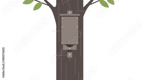 Bat box mounted on tree trunk with green leaves on branches  