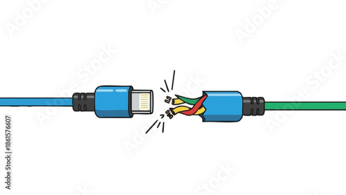 Broken charging cable with exposed wires and connectors in illustration  