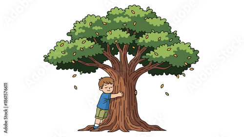 Young boy hugging a large oak tree in a natural setting  