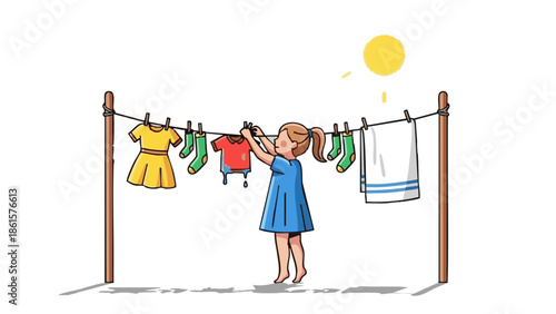 Young girl hanging wet clothes on a line under the sun - Concept of Ecology  