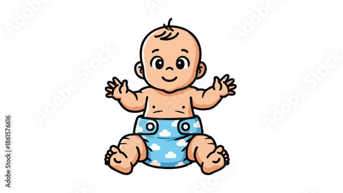 Baby smiling and sitting in reusable cloth diaper with clouds  
