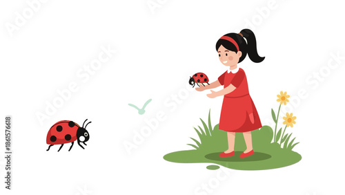Girl releasing ladybug outdoors in green grass with flowers  