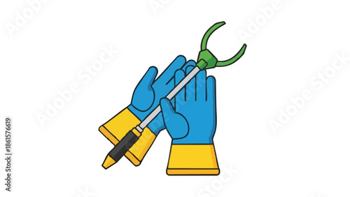 Hands wearing gloves holding litter grabber tool for ecological cleanup  