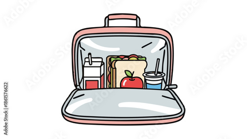 Insulated lunch bag open with sandwiches, apple, and drinks for children  