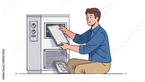 Man changing air filter in air conditioning unit, representing Ecology  