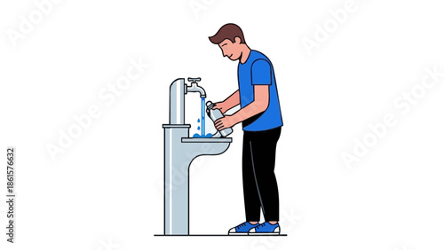 Man refilling water bottle at fountain while promoting ecology  