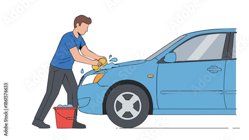 Man washing blue car with sponge and bucket at home - Concept of Ecology  