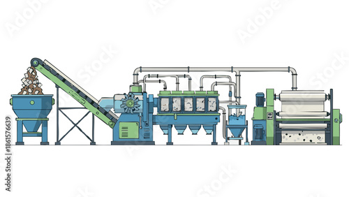 Paper pulp recycling machine in industrial setting with green accents  