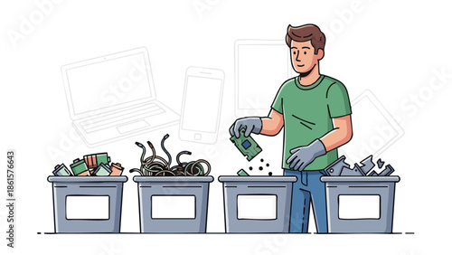 Man sorting e-waste into bins for recycling and environmental care  