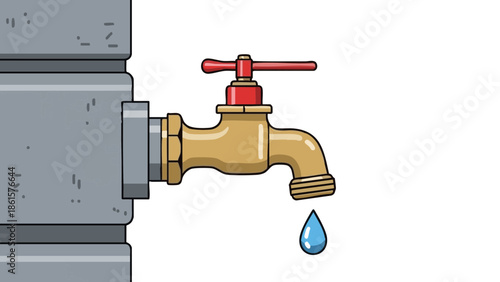 Rainwater tank tap with a droplet on a grey background, concept of Ecology  