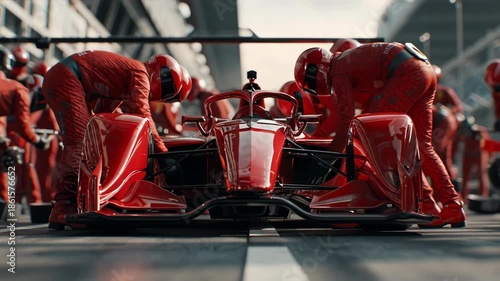 Formula One race car undergoing a pit stop with mechanics in red suits.