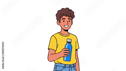 Young boy smiling while holding reusable water bottle, concept of Ecology  