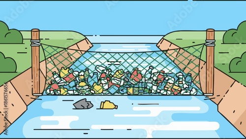 Trash net barrier in river capturing waste and debris for ecology  