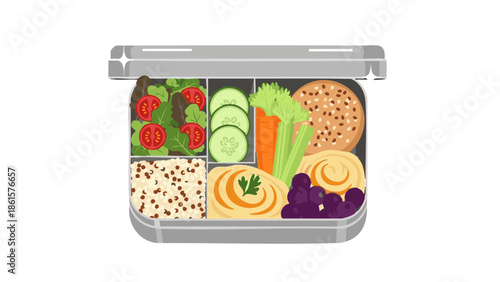 Vegan lunch in metal box filled with healthy vegetables and hummus  