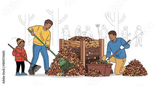 Family volunteering together to rake leaves into compost pile for ecology  