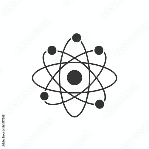 A minimalistic atomic structure icon with a central nucleus and orbiting particles