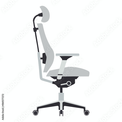 A modern, light gray and black ergonomic office chair design is shown in profile view