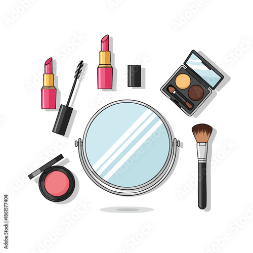 A collection of makeup items including lipstick, blush, eyeshadow and a mirror