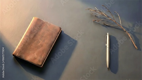A leather journal, silver pen, and dried twigs on a gray surface, viewed from above, with soft natural light casting shadows.