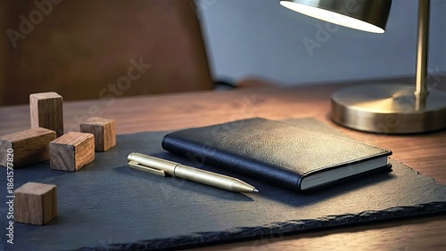 A notebook and pen on a desk illuminated by a lamp with wooden blocks nearby