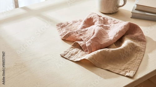 Soft pink cloth lies on a white table near a cup and books in a serene indoor setting