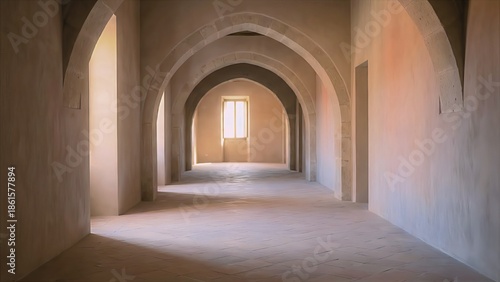 A serene corridor with arches and natural light pouring in through a distant window