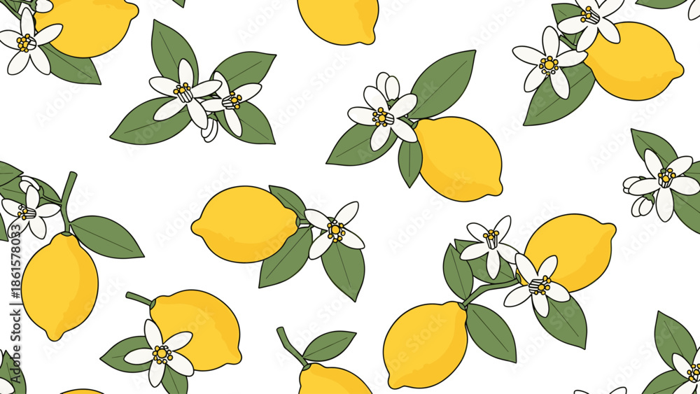 Obraz premium Seamless Lemon Pattern with Green Leaves & White Blossoms. Fresh Citrus Fruit & Floral Illustration on White Background.