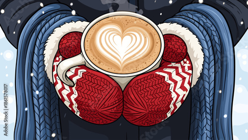 Warm Winter Coffee with Heart Latte Art. Hands in Red Mittens in Snowy Weather. Cozy Drink Illustration.