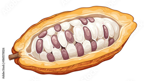 Fresh cocoa pod cross-section with raw cacao beans and white pulp inside, detailed botanical illustration on white.