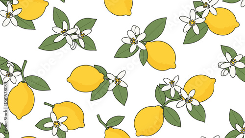 Seamless Lemon Pattern with Green Leaves & White Blossoms. Fresh Citrus Fruit & Floral Illustration on White Background.