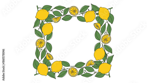 Fresh Lemon and Green Leaf Botanical Square Frame Illustration