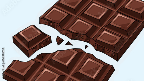 Broken dark chocolate bar illustration with a snapped-off piece, sweet dessert graphic on a light background