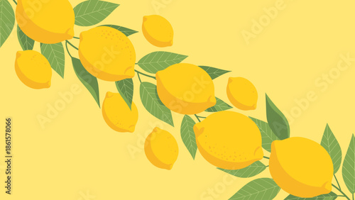 Vibrant yellow lemons with green leaves on a bright background, fresh citrus illustration