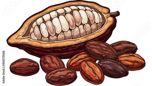 Cacao Pod and Raw Beans Illustration. Hand-drawn Cocoa Fruit and Seeds for Chocolate Production