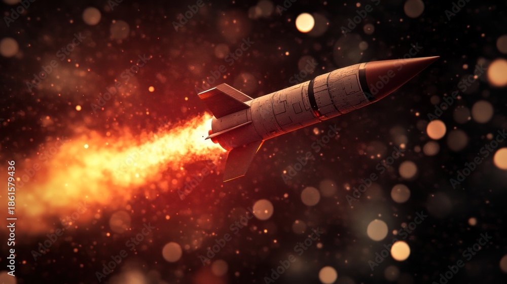 Fototapeta premium Rocket launching into space with fiery trail.