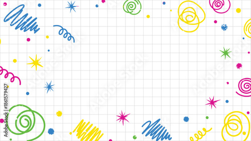 Colorful festive doodle border design featuring hand drawn scribble shapes stars and confetti scattered around a central white grid background for celebration graphics