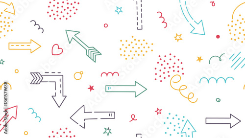 Seamless repeating pattern background featuring a collection of colorful hand drawn arrows doodle icons and abstract whimsical geometric decorative elements on white