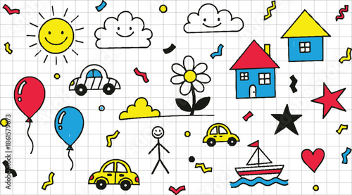 Colorful doodles of everyday objects and symbols on a graph paper background with playful designs and vibrant colors.