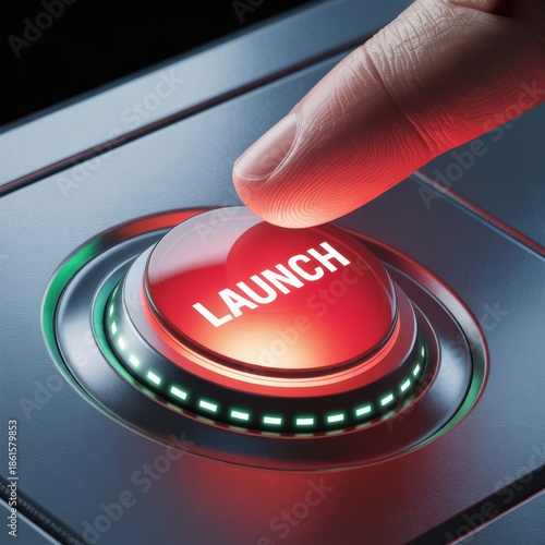 Finger pressing glowing red launch button for startup product release concept with futuristic technology interface lighting