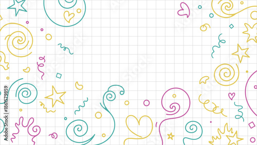 Colorful doodle style confetti streamers hearts and stars frame borders the clean white grid paper background perfect for party invitations or festive decoration banners