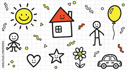 Happy cartoon characters and objects drawn on graph paper symbolizing joy and innocence in a simple playful illustration