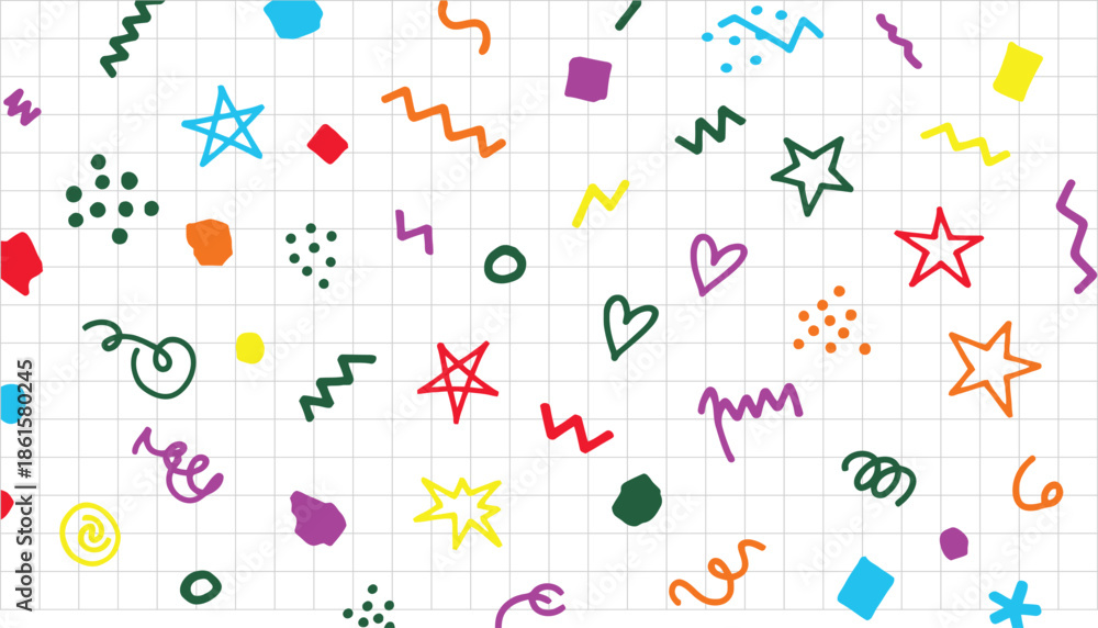 Obraz premium Colorful doodles and shapes on graph paper creating a playful and whimsical background for various creative projects and designs